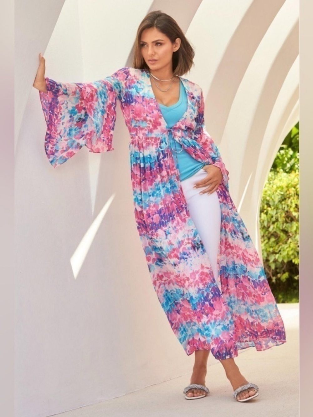 Colorful Floral Tie-Front Maxi Kimono swim cover duster BOSTON PROPER small